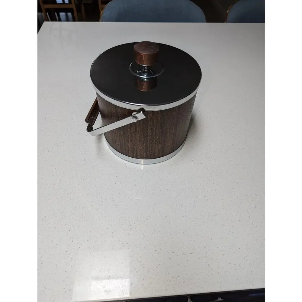 MCM ice bucket Made‎ In USA Chrome and Wood Look.